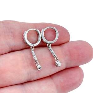 Vintage Sterling Silver 925 Cubic Zirconia Linear Drop Hoop Earrings